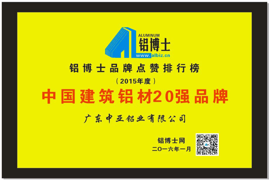 工業鋁型材榮譽證書-建筑鋁材20強品牌